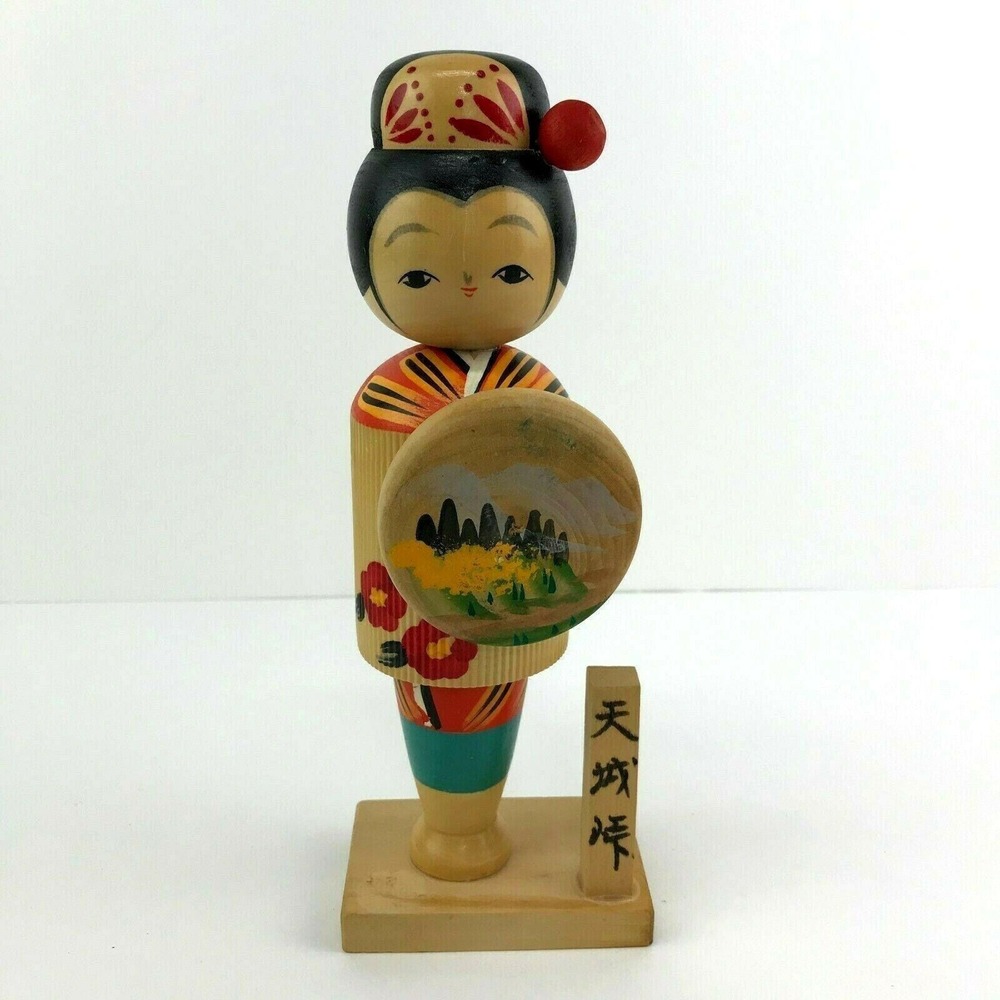 Vintage Japanese Wooden Kokeshi Doll Dancer with‎ Parasol Umbrella Dancing Girl